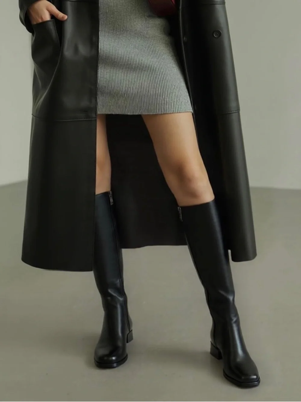 Black Vegan Leather Square Toe Knee High Boots Block Heel Size 10